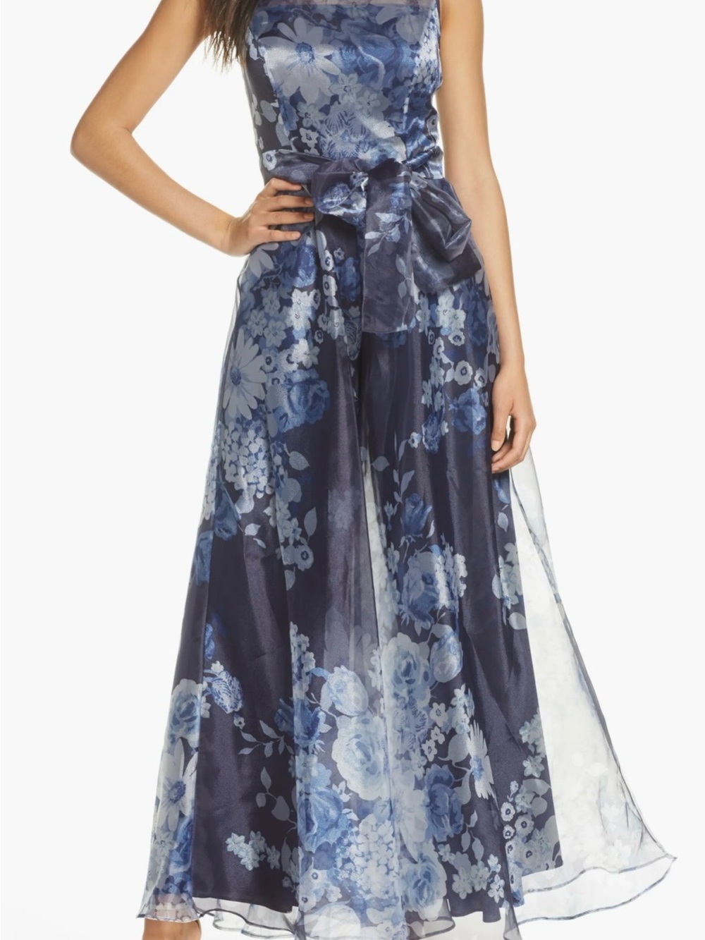 Eliza J Navy Floral Wide-Leg Jumpsuit with Self Tie